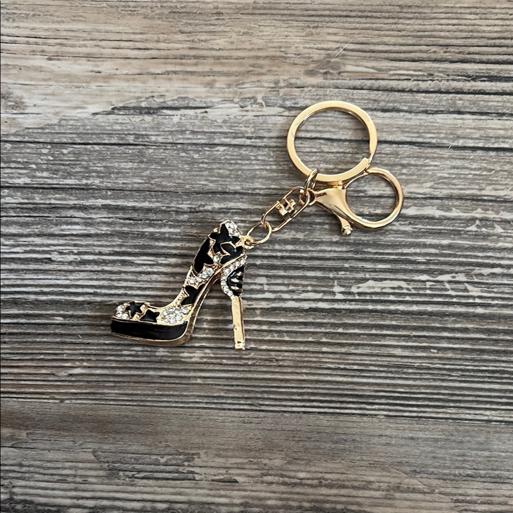 Bag charm - gold shoe with black and rhinestone New